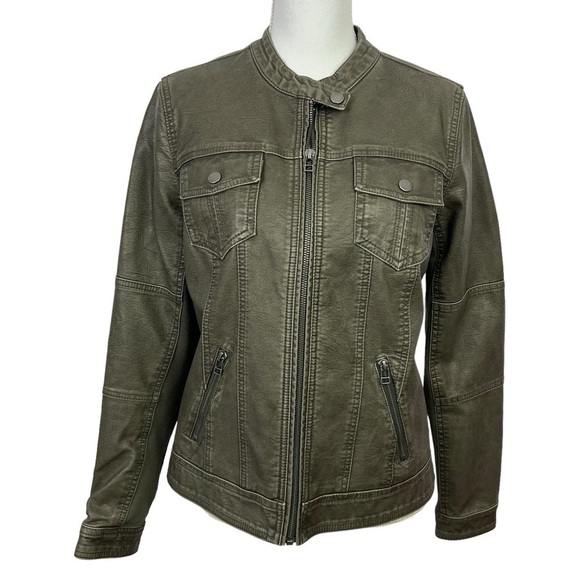 Maurices Women’s Faux Leather Look Jacket Sz Small Distress Dark Green Full Zip - Picture 1 of 11
